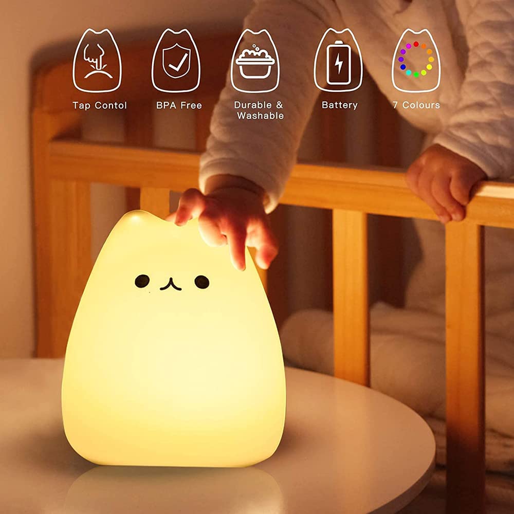 Kitty Night Lamp for Kids, Cat Night Lamp, 7 Color Cute Silicone Lamp, Room Decor, USB Rechargeable, Cute Silicone Cat lamp LED Multicolor Gifts for Baby, Children, Teen Girls