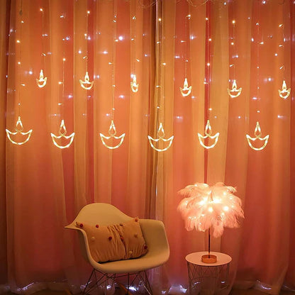 Diwali Curtain String Lights - 10 Diya Lights & 138 LED Lights (Warm White) ✨