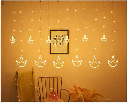 Diwali Curtain String Lights - 10 Diya Lights & 138 LED Lights (Warm White) ✨
