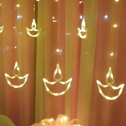 Diwali Curtain String Lights - 10 Diya Lights & 138 LED Lights (Warm White) ✨