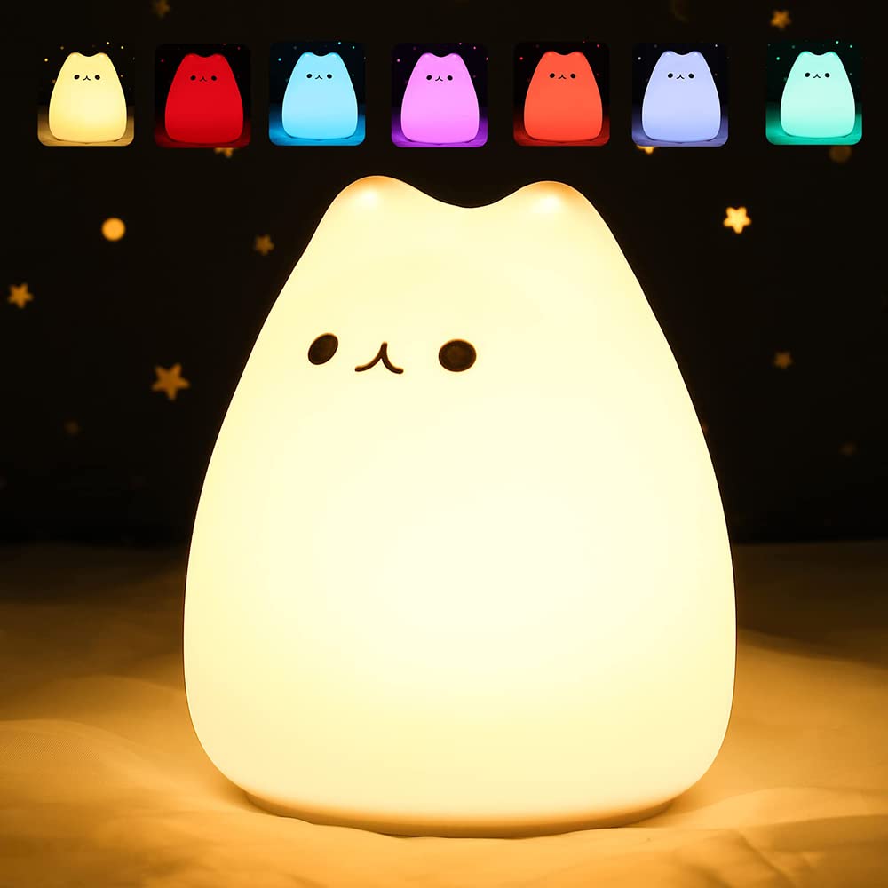 Kitty Night Lamp for Kids, Cat Night Lamp, 7 Color Cute Silicone Lamp, Room Decor, USB Rechargeable, Cute Silicone Cat lamp LED Multicolor Gifts for Baby, Children, Teen Girls
