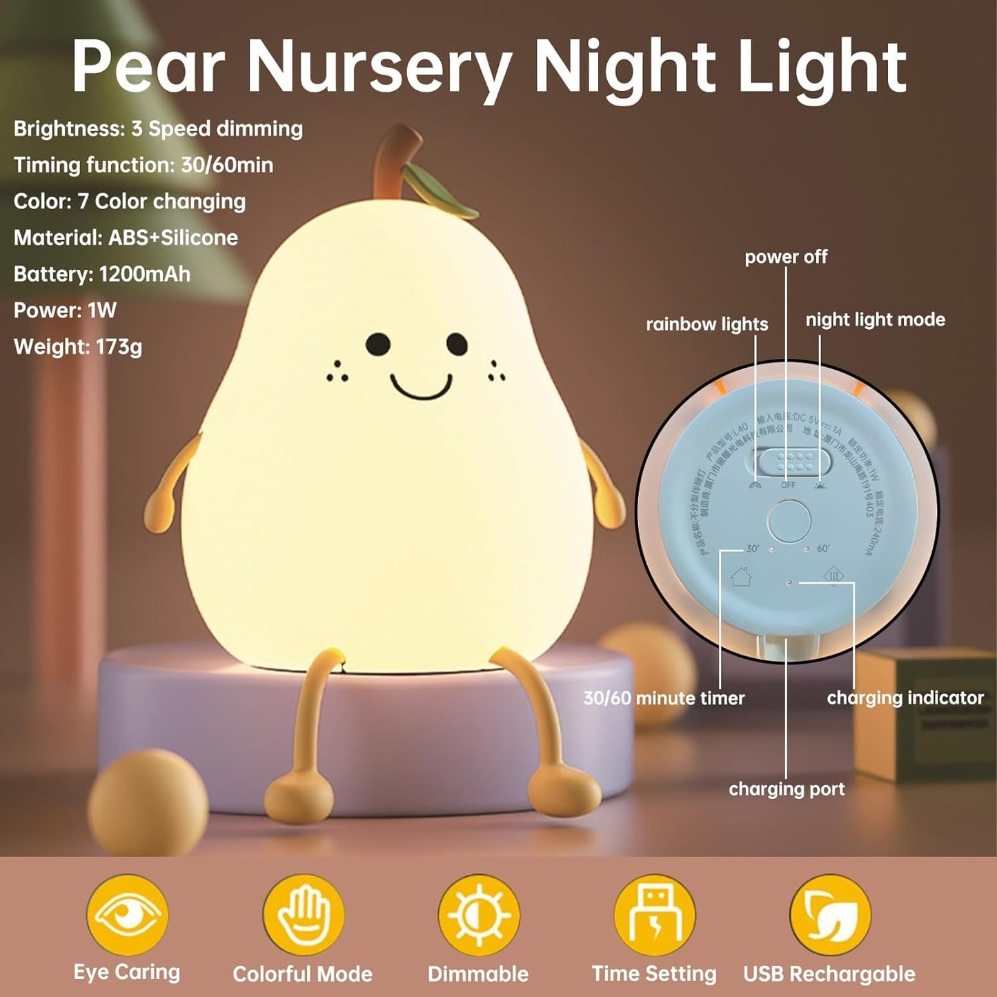 Silicone Pear Night Light for Kids